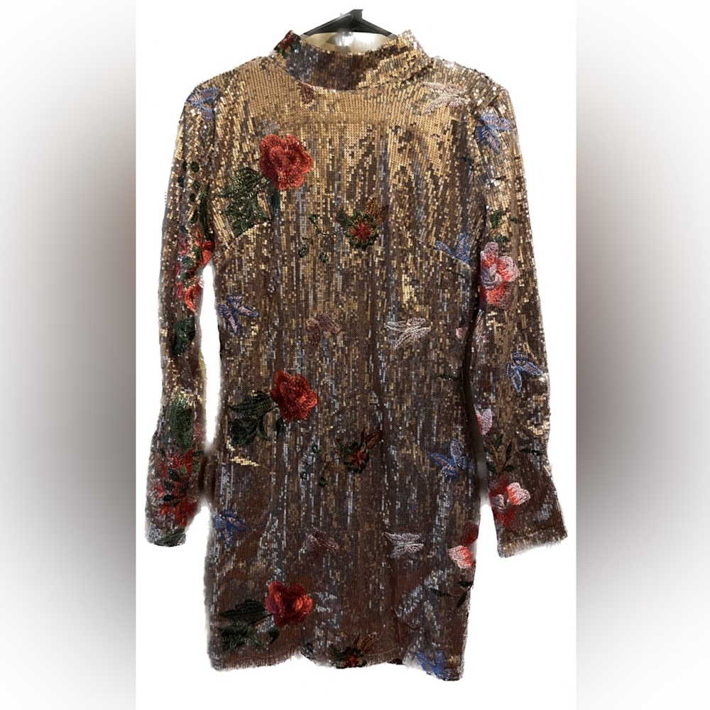Rose gold sequin dress with butterfly and flower designs